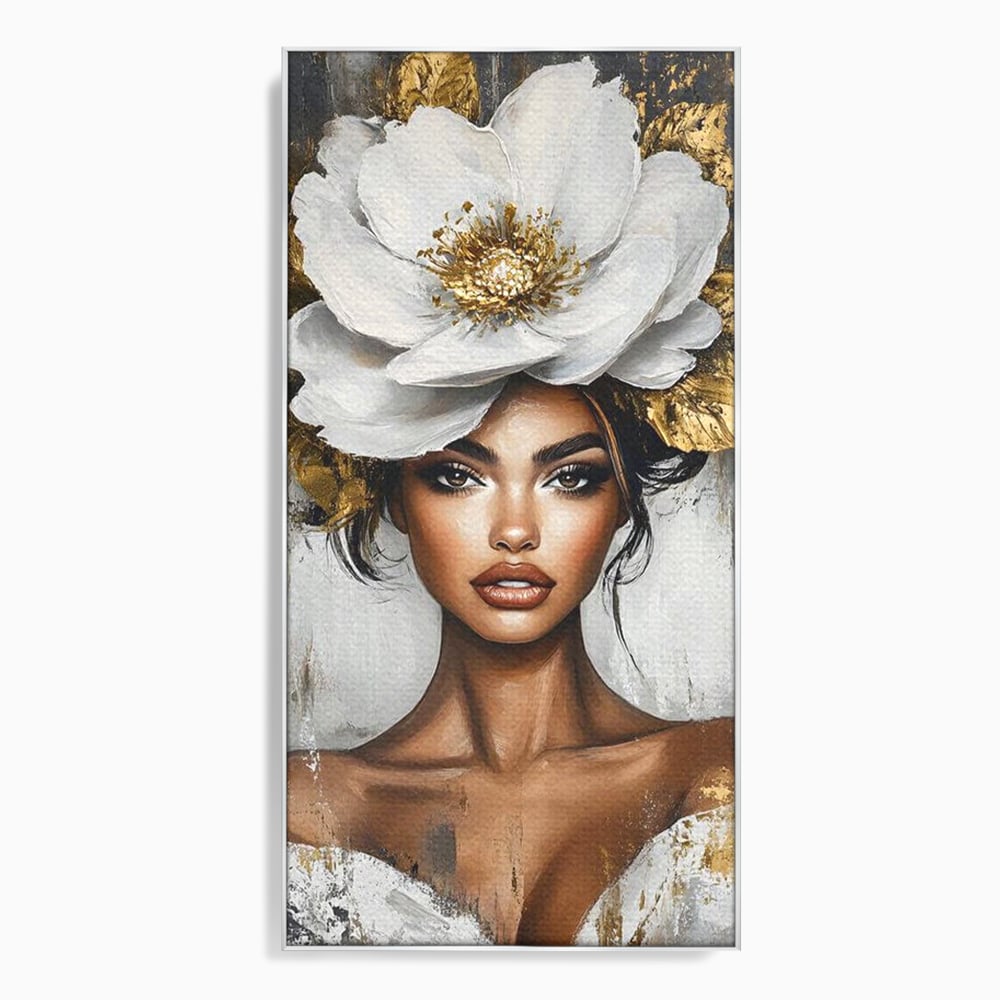 Tablou canvas cu tablou canvas cu portret de femeie si floare, in rama de aluminiu argintiu